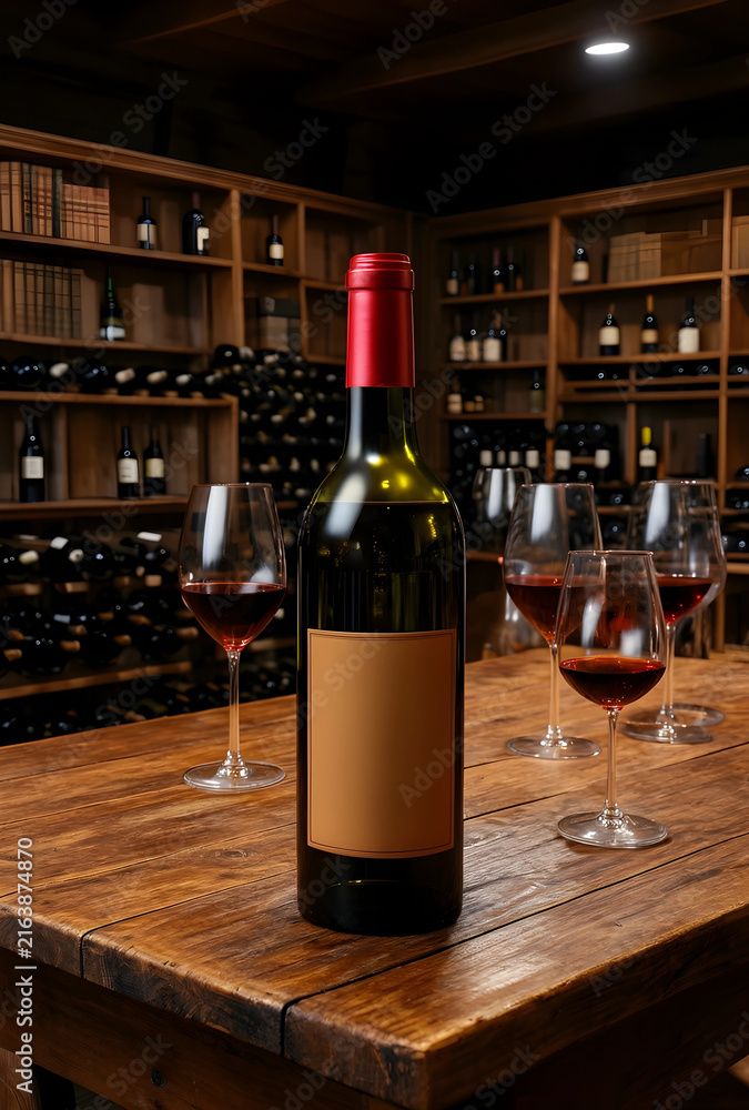 Naklejka premium Wine tasting experience, red wine bottle and glasses on a rustic wooden table in a dark cellar with shelves