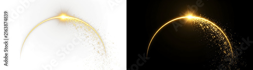 Glowing golden light arc features brilliant shimmering dust particles and cinematic streaks of magical energy radiant rays on transparent background