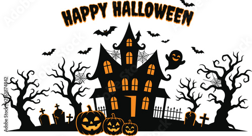 Happy Halloween, haunted house vector illustration with pumpkins bats ghosts, and spooky ,cemetery scene