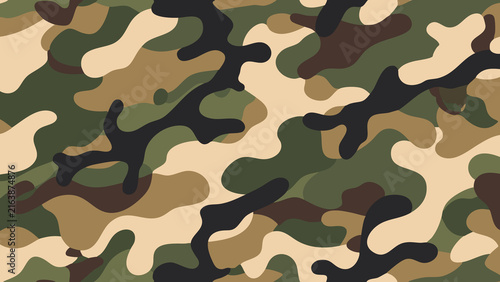 Disruptive Organic Camouflage Pattern with Overlapping Green Brown Tan and Black Shapes