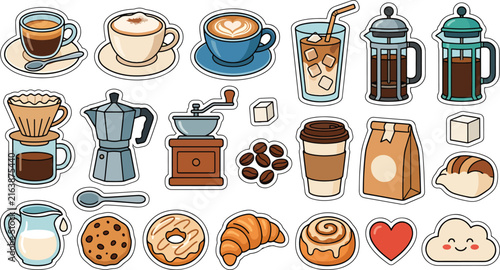 Cute hand drawn coffee shop items and espresso drinks sticker collection featuring coffee makers and beans cafe items espresso cups cafeteria