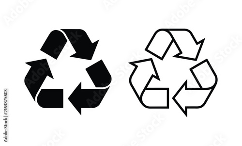 A pair of universal recycling symbols featuring one solid black icon and one outlined icon isolated on a clean white background for