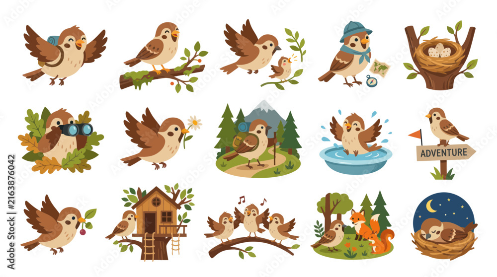 Obraz premium Cute cartoon birds in various activities, vector illustration, flat design