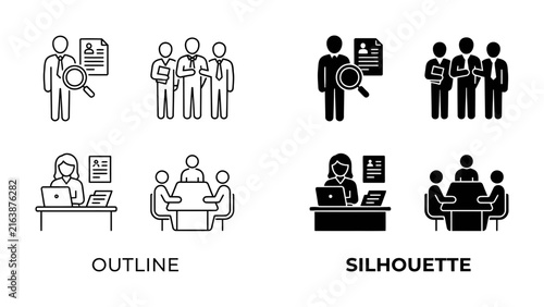 Recruitment and Interview Process Icons: A set of outline and silhouette icons depicting the hiring process, including candidate screening, team interviews, and individual job interviews.