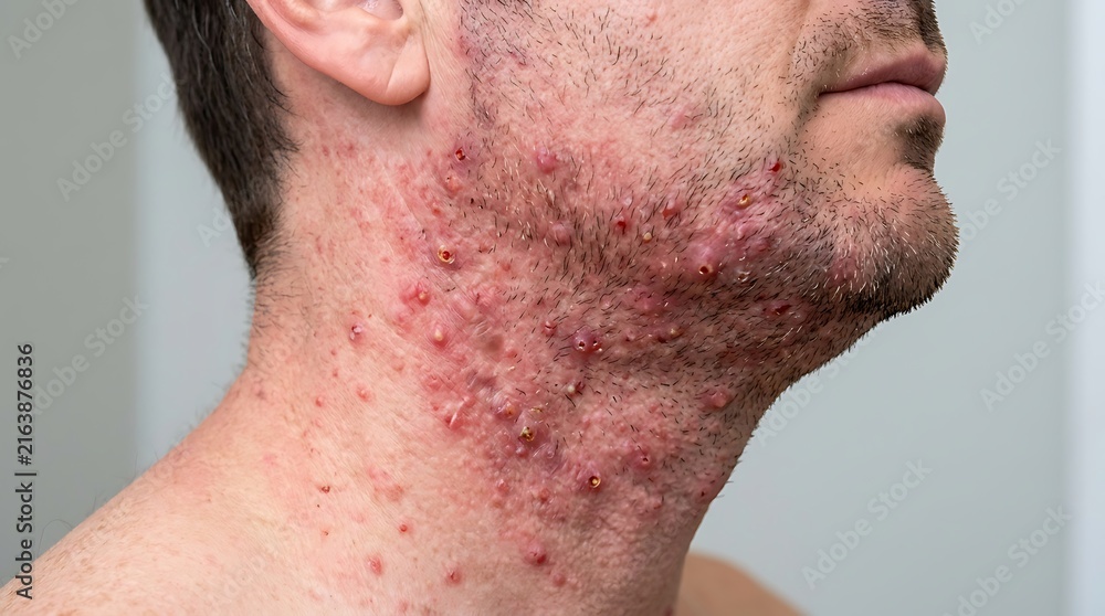 Naklejka premium Close up view of a man with severe facial acne and skin inflammation on his neck and jawline