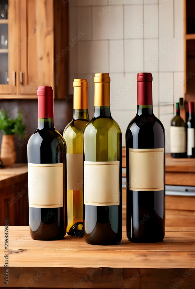 Fototapeta premium Wine tasting and selection, red and white wine bottles with blank labels on a rustic wooden table in a kitchen setting
