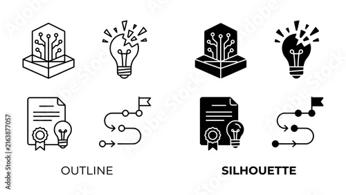 Bild auf Leinwand Innovation and Progress Icons: A collection of graphic icons depicting abstract concepts of innovation, including a glowing light bulb, circuitry, and a roadmap for progress