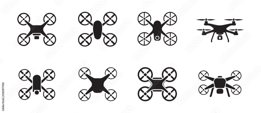 Naklejka premium Collection of solid black drone graphics, showcasing different quadcopter designs used for modern aerial surveillance and filming purposes.