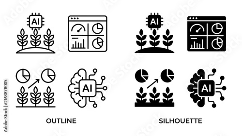 AI in Agriculture Icons: A set of icons depicting artificial intelligence applications in agriculture, featuring elements like crops, charts, and AI chips.