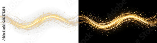 Glowing golden wave of light motion trails with shimmering particle sparkles and elegant curves isolated on transparent background