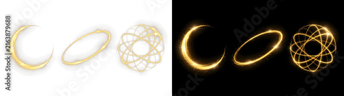 Glowing golden light rings with sparkling dust trails and magic circular motion effects presented as isolated design elements on transparent background