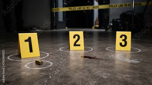 Crime scene investigation with bullet casing, blood stain, and numbered evidence markers