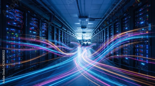 High-speed data transfer with glowing light trails in modern server room and data center
