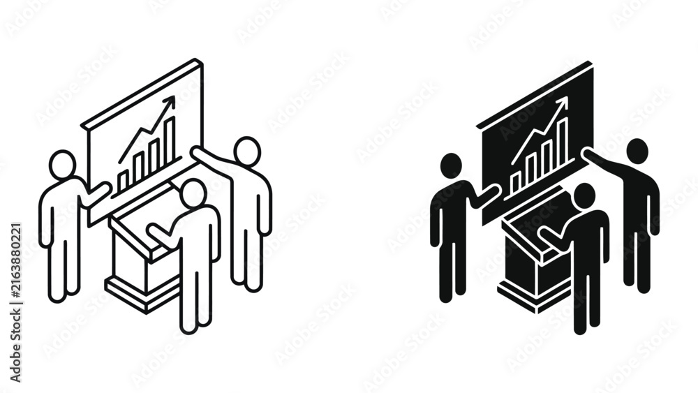 Obraz premium Team presenting financial data at podium isometric icon with presentation