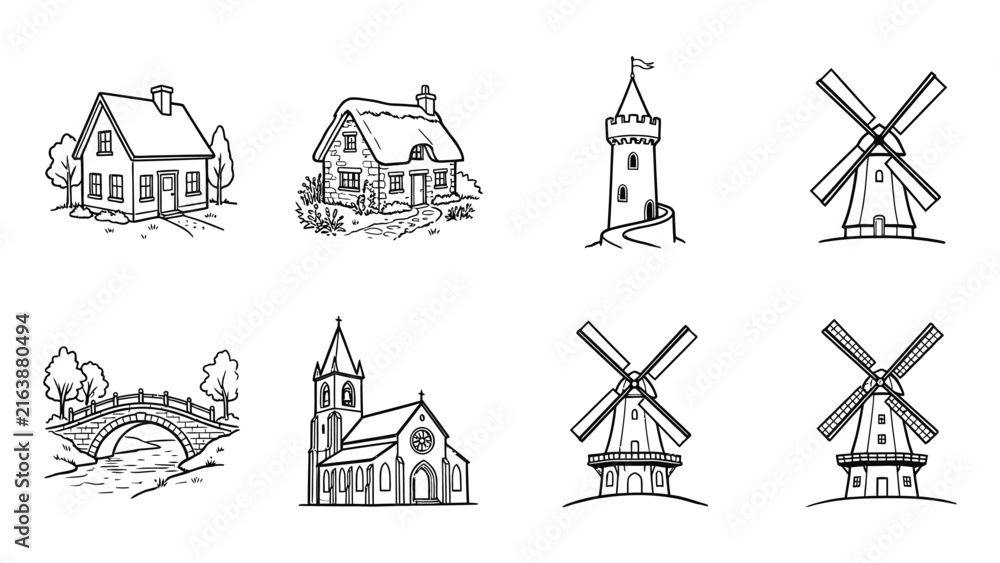 Fototapeta premium Set of black and white line drawings of various buildings and structures