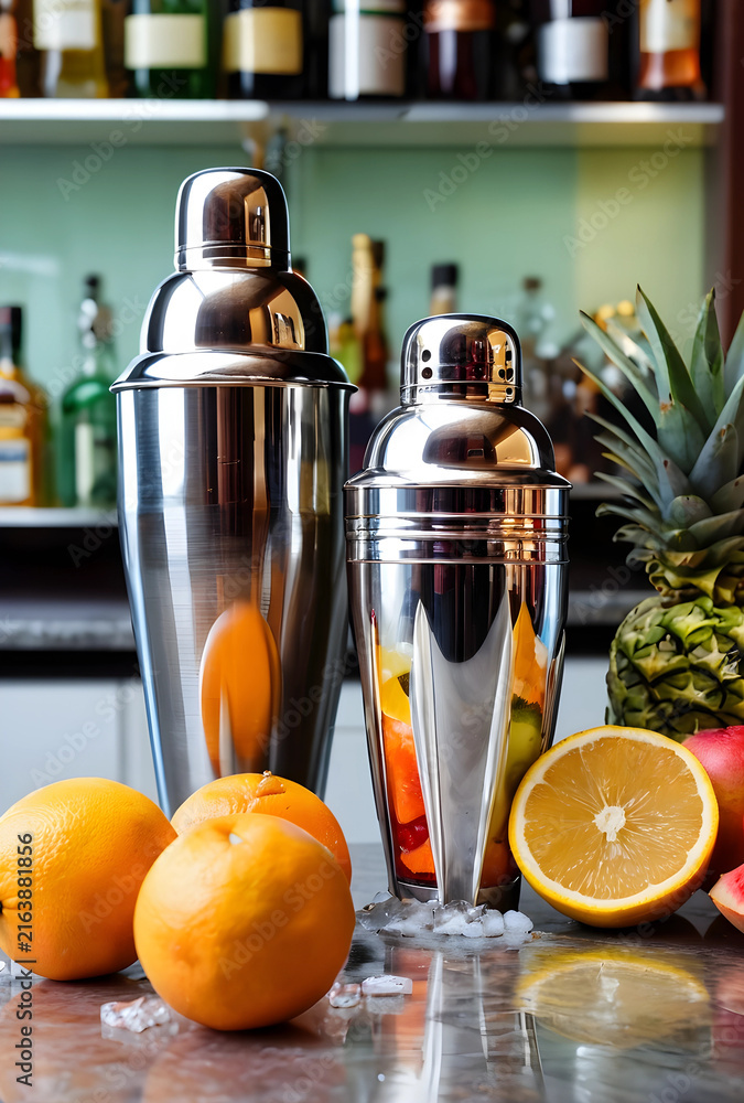 Fototapeta premium Cocktail preparation and mixology, bar shakers with fresh fruit and ice on a counter with liquor bottles