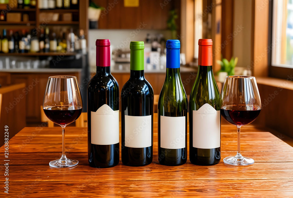 Naklejka premium Wine tasting and selection, red wine bottles with blank labels and glasses on a wooden table in a restaurant