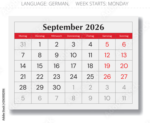 2026 German September calendar layout – Kalender September. Vector monthly paper page Germany