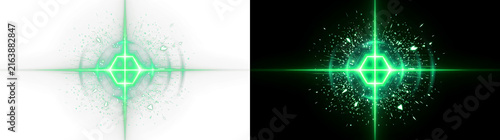 Glowing green digital energy explosion featuring a geometric hexagonal core with streaming binary code particles displayed on transparent background