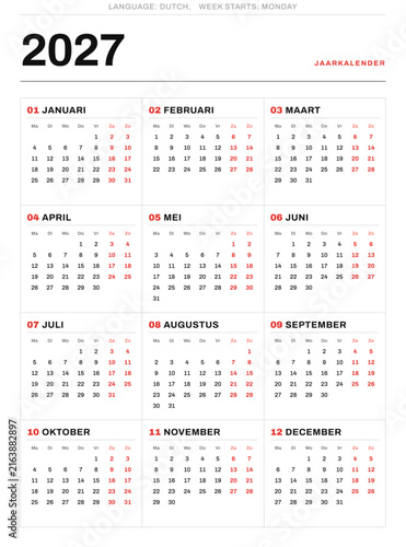 Modern 2027 portrait calendar in dutch for Netherlands