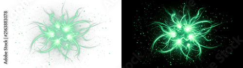 Glowing green light explosion with swirling energy particles and dynamic abstract magic sparks rendered in bright neon colors on transparent background
