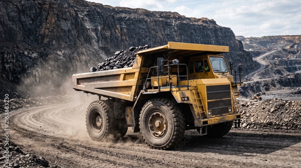 Fototapeta premium Heavy Duty Yellow Mining Dump Truck Carrying Coal in Open Pit Mine