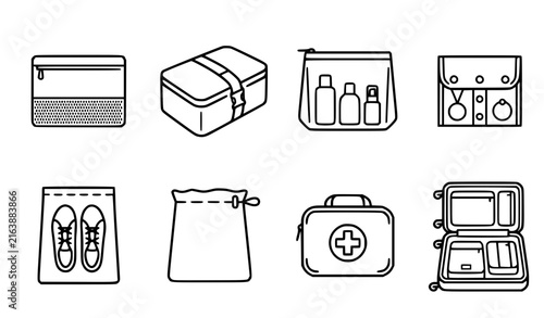 Obraz na płótnie Travel Packing Organizer Line Icon Set with Luggage Cubes, Toiletry Bag, Shoe Po