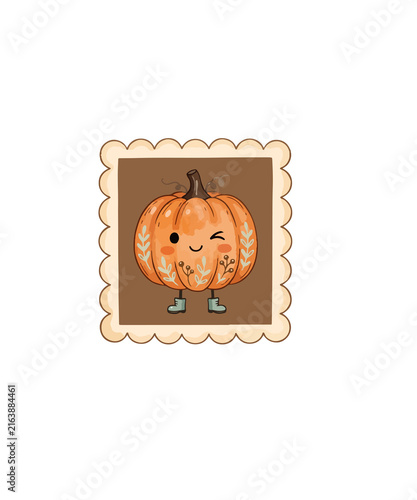 Картината върху платно Kawaii pumpkin character postage stamp, cute autumn vegetable illustration with