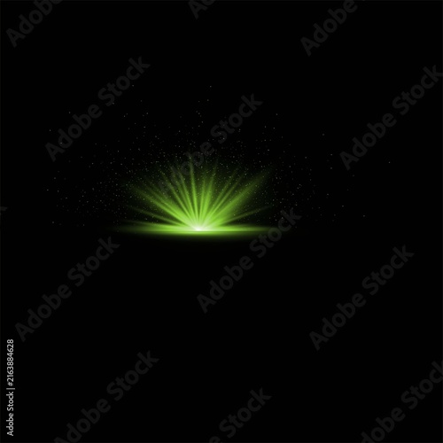 Abstract green light burst effect with glowing rays isolated on a solid black background