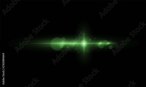 Abstract green lens flare overlay with glowing light streaks isolated on a solid black background