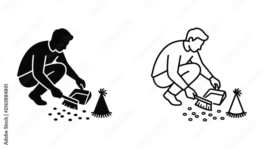 Fototapeta premium Post-Party Cleanup: A person kneels down, diligently sweeping up confetti and a party hat from the floor after a celebration, symbolizing the end of festivities and the return to order.