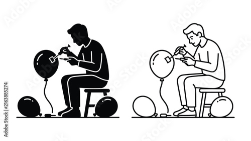 Картината върху платно Man Inflating Balloon with a Sticker: A man is shown in two styles, silhouette and outline, sitting on a stool and inflating a balloon