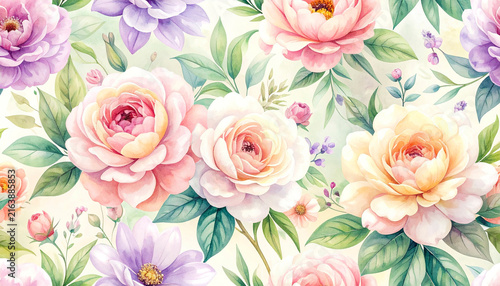 Delicate watercolor floral seamless pattern featuring blooming flowers, graceful green foliage, soft pastel tones, and dreamy charm.