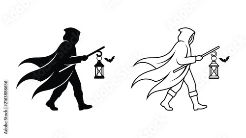 Foto Mysterious Wanderer with Lantern: A cloaked figure, silhouetted in one instance and outlined in the other, walks with a lantern and a small bat companion, evoking an aura of mystery and adventure