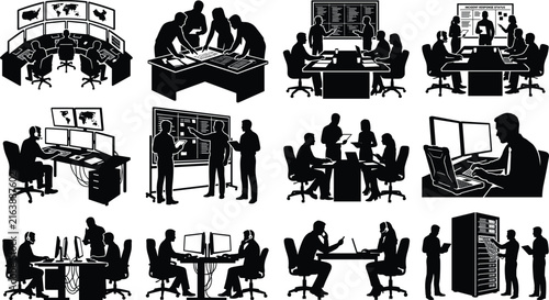Business Operations, Technology and Corporate Teamwork Solid Black Silhouette Vector Set