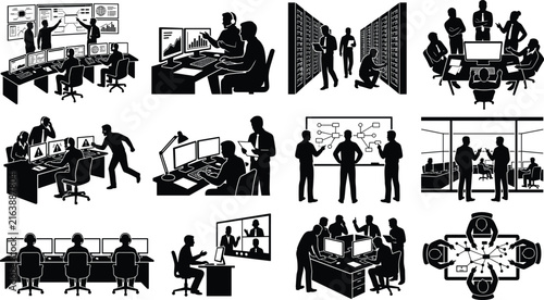 Business Team Collaboration and Corporate Meeting Solid Black Silhouette Vector Set