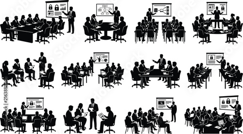 Corporate Business Meeting, Training and Presentation Solid Black Silhouette Vector Set