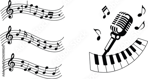 Foto Music notes wave vector set, vintage microphone with piano keys, clef stave silh