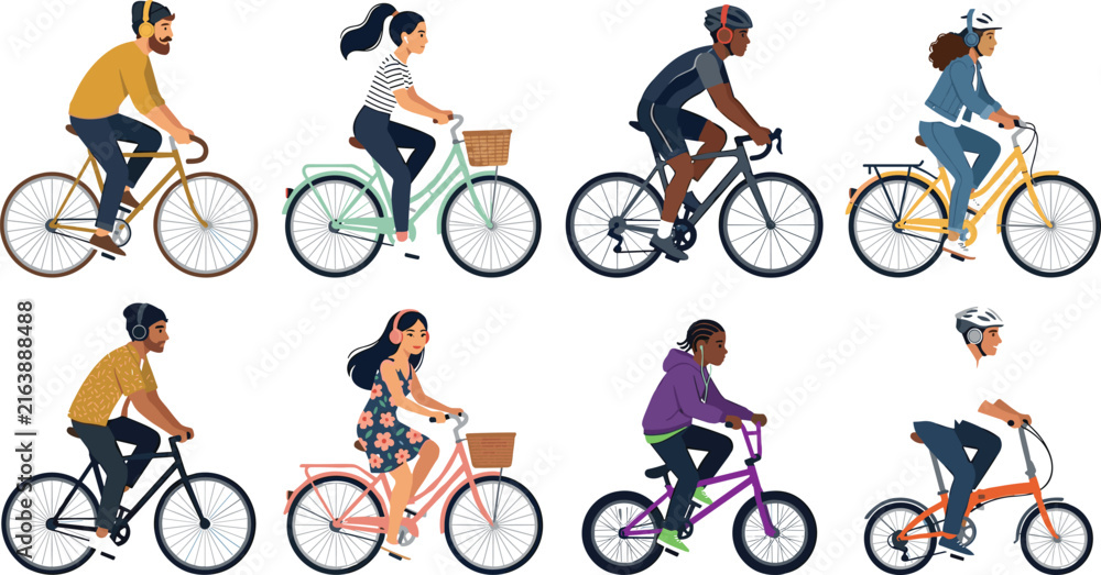 Fototapeta premium Diverse People Riding Bicycles Vector Set Featuring City Commuters, Road Cyclists, Leisure Bikers, and Folding Bike Riders in Flat Style