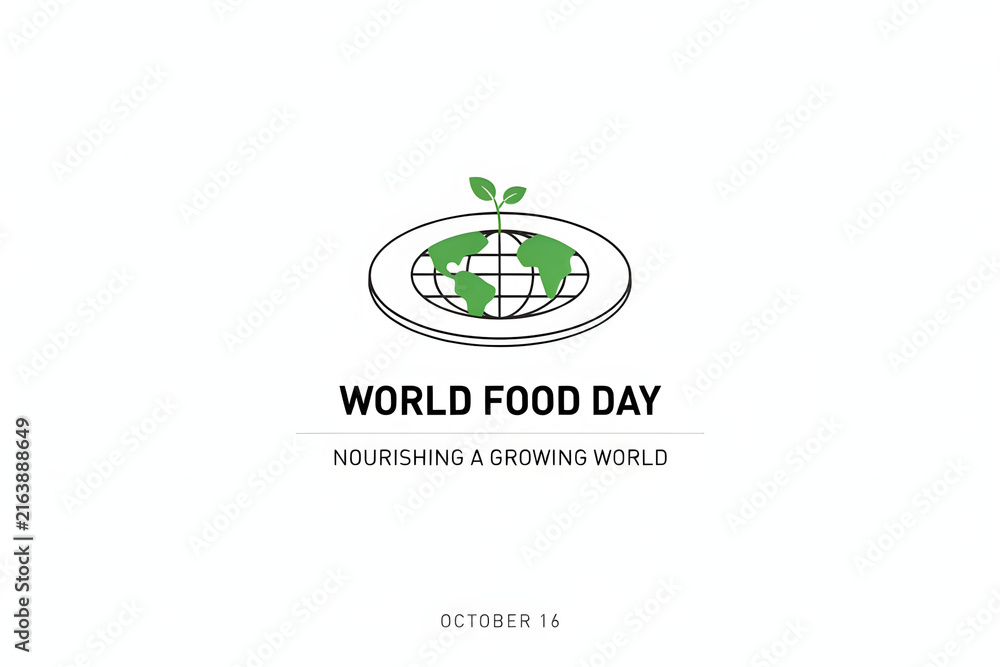Fototapeta premium Food day with a green plant growing from a globe on a plate, celebrating october 16 with the theme nourishing a growing