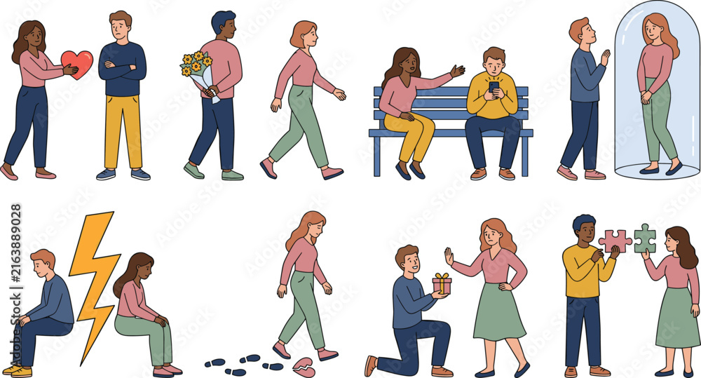 Fototapeta premium Relationship Psychology and Dating Problems Vector Character Set with Broken Heart, Unrequited Love, Emotional Isolation, Separation, and Breakup Concepts