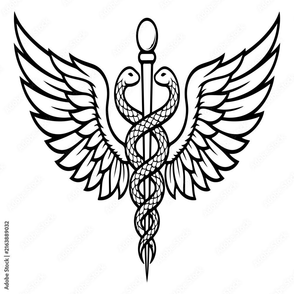 Fototapeta premium Minimalist black and white snake caduceus medical symbol with wings and staff vector illustration
