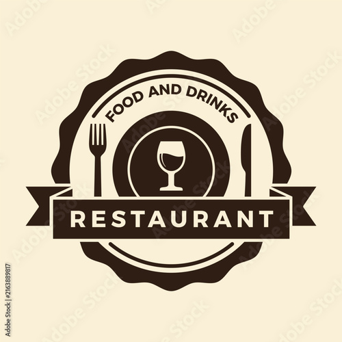 Restaurant Logo with Plate, Wine Glass, Fork and Knife, Vintage Food and Drinks Badge Vector