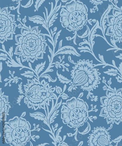 Seamless tonal blue floral pattern. Traditional trailing vine and block print botanical background in light blue and slate. Vintage bohemian folk art textile design.