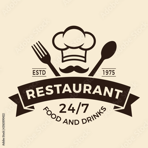WChef Hat Restaurant Logo Design Template with Mustache Fork Spoon and Banner Ribbon