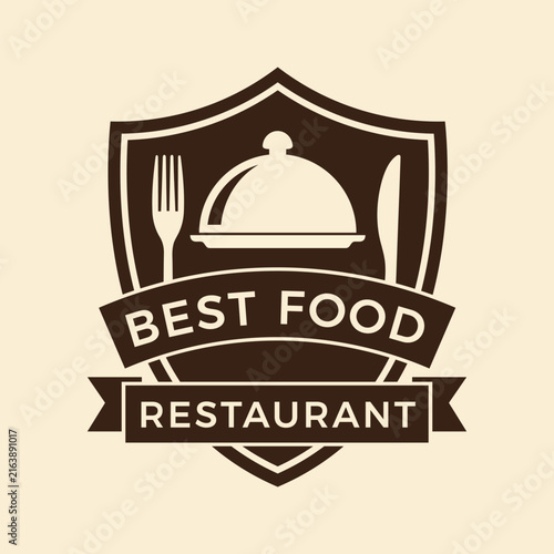 WBest Food Restaurant Shield Logo Design Template with Cloche Fork Knife Ribbon