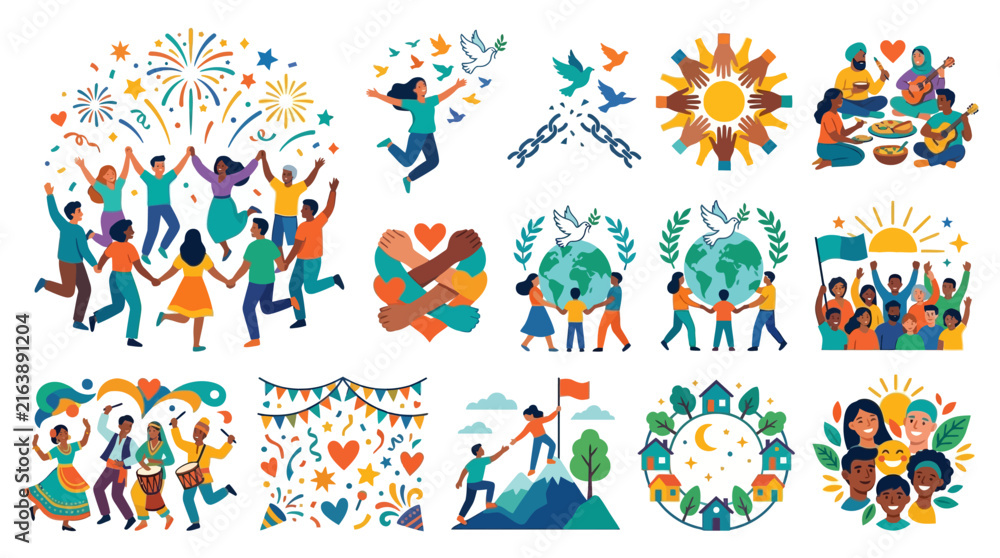 Fototapeta premium Freedom and Community Celebration Illustration Set Featuring Diverse People Celebrating Unity, Peace, and Global Harmony
