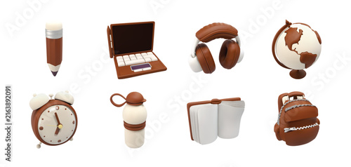 Brown 3d education icon set vector isolated, school and study icons with pencil, laptop, headphones, globe, alarm clock, water bottle, book and backpack.