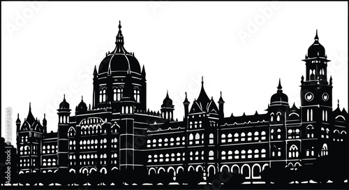 Black and white Mumbai cityscape silhouette graphic isolated on white background