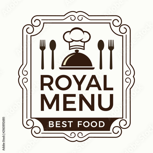 Royal Restaurant Logo Frame with Chef Hat Cloche Tray Fork and Spoon